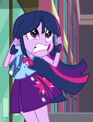 Size: 487x636 | Tagged: safe, screencap, twilight sparkle, twilight sparkle (alicorn), alicorn, equestria girls, equestria girls (movie), backpack, canterlot high, clothes, cropped, female, freaking out, hair pulling, miniskirt, pleated skirt, skirt, twilighting
