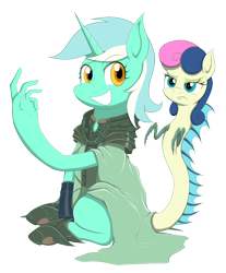 Size: 3000x3619 | Tagged: safe, artist:janji009, part of a series, part of a set, bon bon, lyra heartstrings, sweetie drops, armor, bon bon is not amused, card game, clothes, crossover, female, fusion, hand, magic the gathering, mare, monster mare, mutant, ravnica, robe, simic combine, simple background, species swap, that pony sure does love hands, transparent background, unamused