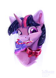 Size: 1592x2198 | Tagged: safe, artist:teaflower300, twilight sparkle, pony, bowtie, bust, candy, candy cane, cheek fluff, cute, ear fluff, female, food, mare, mouth hold, portrait, simple background, smiling, solo, twiabetes, white background