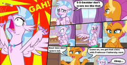 Size: 1009x521 | Tagged: safe, artist:metal-jacket444, silverstream, smolder, dragon, hippogriff, comic:silver the shipper, cropped, dragoness, fanfic writer, female, paper, pen, quill, shocked, suspicious, wings