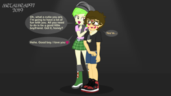 Size: 8000x4500 | Tagged: safe, artist:metalhead97, cherry crash, equestria girls, boots, breasts, clothes, commission, couple, equestria girls-ified, female, flirting, kiss mark, kiss on the cheek, kissing, lipstick, male, open mouth, shoes, show accurate, size difference, sneakers, speech bubble, straight