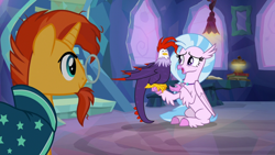 Size: 1920x1080 | Tagged: safe, screencap, silverstream, sunburst, classical hippogriff, cockatrice, hippogriff, pony, unicorn, student counsel, beard, edith (cockatrice), facial hair, female, glasses, jewelry, male, necklace, red eyes, stallion, treehouse of harmony