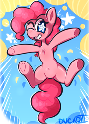 Size: 921x1277 | Tagged: safe, artist:duckoiii, derpibooru import, pinkie pie, earth pony, pony, belly button, chest fluff, cute, diapinkes, ear fluff, grin, heart, heart hoof, jumping, one eye closed, smiling, solo, starry eyes, stars, wingding eyes, wink