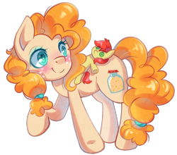 Size: 2050x1800 | Tagged: safe, artist:patchnpaw, bright mac, pear butter, earth pony, pony, blushing, crush plush, cute, female, looking back, mare, pearabetes, plushie, raised hoof, simple background, solo, transparent background