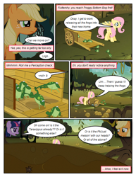 Size: 612x792 | Tagged: safe, artist:newbiespud, derpibooru import, edit, edited screencap, screencap, applejack, fluttershy, twilight sparkle, unicorn twilight, beetle, earth pony, frog, pegasus, pony, unicorn, comic:friendship is dragons, comic, dialogue, female, freckles, frown, hat, implied pinkie pie, mare, screencap comic, wagon