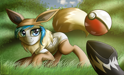 Size: 2800x1700 | Tagged: safe, artist:elmutanto, oc, oc only, oc:graceful motion, pony, bush, clothes, disembodied hoof, eevee, female, grass, pokéball, pokémon, socks, solo