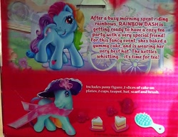 Size: 400x309 | Tagged: safe, rainbow dash (g3), g3, backcard, cake, comb, cute, food, g3betes, hat, official, rainbow dash always dresses in style, text