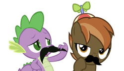 Size: 750x433 | Tagged: safe, artist:lahirien, artist:vigorousjammer, edit, editor:undeadponysoldier, button mash, spike, dragon, earth pony, pony, colt, facial hair, hat, male, moustache, propeller hat, simple background, white background