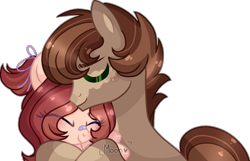 Size: 1280x825 | Tagged: safe, artist:moon-rose-rosie, oc, oc:chocolate sprinkles, oc:vanilla flan, pony, bandaid, blushing, eyes closed, female, filly, hair over one eye, hug, male