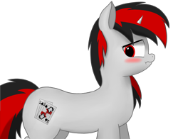 Size: 2300x1800 | Tagged: safe, artist:pakes, oc, oc only, oc:blackjack, pony, unicorn, fallout equestria, fallout equestria: project horizons, blushing, cutie mark, female, horn, red eyes, simple background, small horn, solo, transparent background, two toned mane, wavy mouth