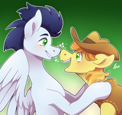 Size: 2000x1889 | Tagged: safe, artist:polymercorgi, braeburn, soarin', earth pony, pegasus, pony, boop, cowboy hat, gay, gradient background, hat, male, noseboop, shipping, soarburn, stallion