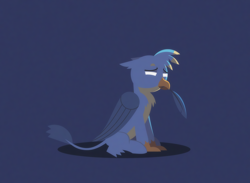 Size: 1666x1218 | Tagged: safe, alternate version, artist:gd_inuk, gallus, griffon, beak hold, blank eyes, blue background, chest fluff, cute, empty eyes, feather, gallabetes, lighting, lineless, lonely, male, no pupils, sad, sadorable, simple background, sitting, solo, stylized