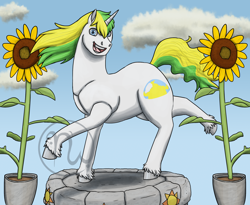 Size: 2200x1800 | Tagged: safe, artist:azurllinate, oc, oc only, oc:sol bright, unicorn, blue eyes, cheering up, cloud, cloven hooves, cutie mark, flower, flower pot, green hair, happy, hooves, legs raised, looking at you, male, muscles, muscular stallion, open mouth, pedestal, performing, smiling, solo, stone pedestal, strong, sunflower, two toned mane, two toned tail, unicorn oc, yellow hair