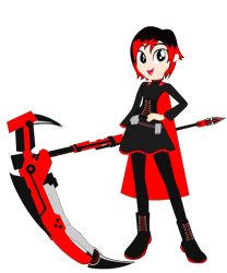 Size: 1032x1242 | Tagged: safe, artist:lhenao, little red, human, equestria girls, belt, bullet, cloak, clothes, crescent rose, crossover, equestria girls-ified, gun, rifle, ruby rose, rwby, scythe, silver eyes, sniper rifle, solo, weapon