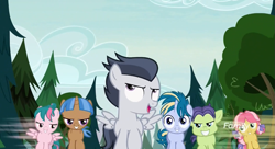 Size: 1173x639 | Tagged: safe, screencap, cucumber seed, kettle corn, mocha berry, rumble, skeedaddle, tulip swirl, earth pony, pegasus, pony, unicorn, marks and recreation, blank flanks forever, colt, discovery family logo, female, filly, foal, male