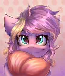 Size: 1027x1200 | Tagged: safe, artist:falafeljake, oc, oc only, oc:lilac clime, pony, unicorn, bust, pillow, solo