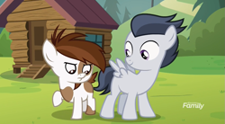 Size: 1179x653 | Tagged: safe, screencap, pipsqueak, rumble, earth pony, pegasus, pony, marks and recreation, blank flanks forever, colt, cutie mark day camp, discovery family logo, duo, eyes on the prize, looking at something, male