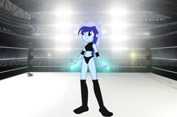 Size: 2800x1863 | Tagged: safe, artist:invisibleink, artist:marcusvanngriffin, artist:vicakukac200, edit, minuette, equestria girls, background human, belly button, boots, clothes, commission, elbow pads, equestria girls-ified, female, intro, introduction, knee pads, midriff, shoes, solo, sports, sports bra, sports panties, spotlight, wrestler, wrestling, wrestling ring