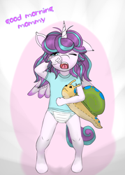 Size: 2500x3500 | Tagged: safe, artist:stardust-pony, princess flurry heart, whammy, anthro, unguligrade anthro, cute, diaper, flurrybetes, morning, snail, yawn