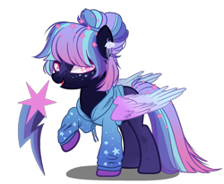 Size: 984x812 | Tagged: safe, artist:gihhbloonde, artist:pegasski, oc, oc only, pegasus, pony, adoptable, base used, clothes, coat markings, ear piercing, earring, female, hoodie, jewelry, magical lesbian spawn, mare, multicolored hair, offspring, open mouth, parent:rainbow dash, parent:twilight sparkle, parents:twidash, piercing, raised hoof, simple background, solo, transparent background