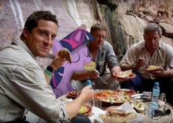 Size: 988x700 | Tagged: safe, twilight sparkle, twilight sparkle (alicorn), alicorn, human, pony, bear grylls, food, irl, irl human, photo, ponies in real life, twilight burgkle