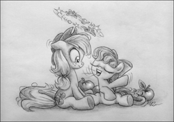 Size: 1100x776 | Tagged: safe, artist:deathcutlet, derpibooru import, apple bloom, applejack, earth pony, pony, apple, apple siblings, black and white, bow, circling stars, confused, cowboy hat, dizzy, female, filly, food, grayscale, hair bow, hat, mare, monochrome, open mouth, pencil drawing, sitting, talking, traditional art