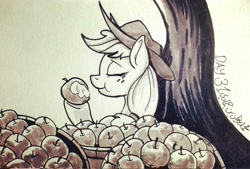 Size: 3817x2582 | Tagged: safe, artist:poecillia-gracilis19, applejack, earth pony, pony, apple, food, inktober, inktober 2019, monochrome, solo, traditional art