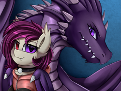 Size: 2379x1783 | Tagged: safe, artist:pridark, oc, oc only, bat pony, dragon, pony, bat pony oc, blue background, bust, collar, commission, heterochromia, multicolored eyes, pendant, portrait, sharp teeth, simple background, smiling, teeth