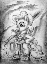 Size: 490x665 | Tagged: safe, artist:deathcutlet, derpibooru import, pinkie pie, earth pony, pony, armor, bipedal, black and white, clothes, grayscale, monochrome, sword, traditional art, weapon