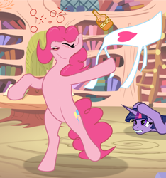 Size: 750x800 | Tagged: safe, artist:jykinturah, artist:pippy, pinkie pie, twilight sparkle, pony, apron, bipedal, bottle, clothes, drunk, drunkie pie, golden oaks library, pinkiepieskitchen