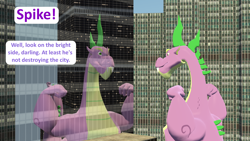 Size: 1920x1080 | Tagged: safe, artist:red4567, spike, dragon, 3d, building, city, flexing, implied rarity, implied twilight sparkle, looking good spike, reflection, skyscraper, source filmmaker, spikezilla