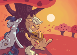 Size: 1280x914 | Tagged: artist needed, source needed, safe, derpibooru import, applejack, coloratura, earth pony, pony, apple tree, female, guitar, lesbian, music, rara, rarajack, shipping, singing, sunset, tree