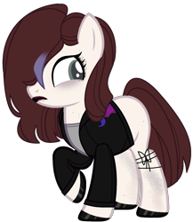 Size: 1245x1434 | Tagged: safe, artist:pegasski, artist:rukemon, oc, oc only, oc:cut crease, earth pony, pony, base used, blank flank, clothes, commission, eyeshadow, female, freckles, jacket, leather jacket, lip piercing, lipstick, makeup, mare, piercing, raised hoof, shirt, simple background, solo, t-shirt, transparent background, unshorn fetlocks