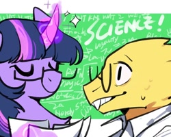 Size: 1280x1024 | Tagged: safe, artist:snowillusory, twilight sparkle, alphys, crossover, duo, eyes closed, glasses, magic, undertale