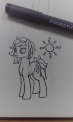 Size: 2496x4160 | Tagged: safe, artist:soulfulmirror, oc, oc:sunshine everfree, earth pony, pony, cutie mark, female, monochrome, sketch, traditional art