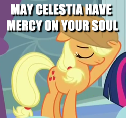 Size: 343x321 | Tagged: safe, edit, edited screencap, screencap, applejack, twilight sparkle, twilight sparkle (alicorn), alicorn, earth pony, pony, tanks for the memories, caption, cropped, image macro, reaction image, solo focus, text