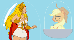 Size: 1007x544 | Tagged: safe, artist:guihercharly, applejack, earth pony, pony, crossover, glass dome, hover car, she-ra, she-ra princess of power, space pod, vehicle