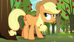 Size: 1280x720 | Tagged: safe, screencap, applejack, earth pony, pony, between dark and dawn, apple, apple tree, female, freckles, mare, solo, tree