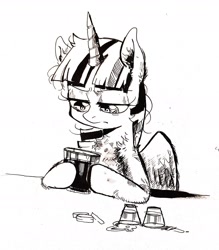 Size: 1626x1858 | Tagged: safe, artist:draw3, twilight sparkle, twilight sparkle (alicorn), alicorn, pony, /mlp/, 4chan, alcohol, bits, chest fluff, drawthread, glass, monochrome, shot glass, solo