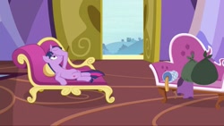 Size: 2048x1153 | Tagged: safe, screencap, twilight sparkle, twilight sparkle (alicorn), alicorn, pony, dragon dropped, behaving like rarity, dramatic pose, fainting couch, trash