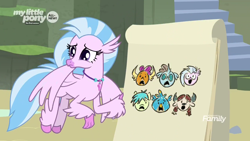 Size: 1920x1080 | Tagged: safe, screencap, gallus, ocellus, sandbar, silverstream, smolder, yona, classical hippogriff, hippogriff, uprooted, discovery family logo, drawing, female, flying, solo, student six