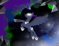 Size: 4299x3360 | Tagged: safe, artist:lunaapple, oc, oc only, oc:blue dream, alicorn, pony, alicorn oc, blank eyes, crystal, dark magic, female, glowing eyes, glowing horn, jewelry, magic, mare, offspring, parent:king sombra, parent:princess luna, parents:lumbra, regalia, solo, sombra eyes, space, spread wings