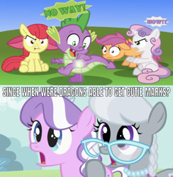 Size: 640x657 | Tagged: safe, artist:changeling #209458, edit, edited screencap, editor:undeadponysoldier, screencap, apple bloom, diamond tiara, scootaloo, silver spoon, spike, sweetie belle, dragon, earth pony, pegasus, pony, unicorn, the cutie pox, amused, angry, blank flank, caption, cutie mark, cutie mark crusaders, cutiespark, female, filly, glasses, image macro, jaw drop, jealous, jewelry, lip bite, male, necklace, pearl necklace, text, tiara