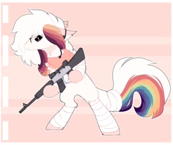 Size: 1920x1606 | Tagged: safe, artist:little-sketches, oc, oc:ayaka, earth pony, pony, alternate design, bandage, bandana, bipedal, chest fluff, eye clipping through hair, female, gun, ponified, rifle, species swap, tail wrap, weapon