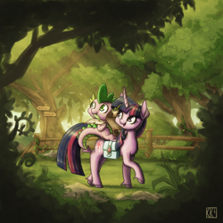 Size: 2000x2000 | Tagged: safe, artist:king-kakapo, spike, twilight sparkle, unicorn twilight, dragon, pony, unicorn, duo, female, fence, male, mare, outdoors, quill pen, riding, saddle bag, tree