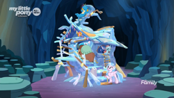 Size: 1085x610 | Tagged: safe, screencap, gallus, ocellus, silverstream, yona, changedling, changeling, classical hippogriff, griffon, hippogriff, pony, yak, uprooted, all new, cave, cave of harmony, crystal, discovery family logo, text, tree of harmony