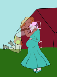 Size: 774x1033 | Tagged: safe, artist:fireboltpug, pear butter, oc, oc:beryl (discoshy), ghost, human, hybrid, equestria girls, duo, duo female, eyes closed, female, hand on belly, interspecies offspring, kiss on the head, kissing, multiple pregnancy, offspring, parent:discord, parent:fluttershy, parents:discoshy, pregnant, spirit