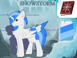 Size: 5968x4542 | Tagged: safe, artist:beardie, oc, oc:snowstorm, alicorn, pony, alicorn oc, book, horn, male, reference sheet, smiling, stallion, wings