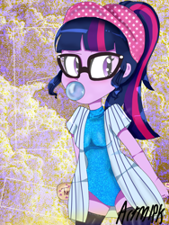 Size: 1800x2400 | Tagged: safe, artist:artmlpk, sci-twi, twilight sparkle, equestria girls, adorkable, alternate costumes, baseball, baseball bat, baseball cap, blowing bubbles, blushing, boots, bubblegum, cap, clothes, cute, design, dork, female, food, glasses, gum, hat, leotard, ponytail, shoes, solo, sports, sweater, turtleneck, twiabetes