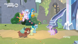 Size: 1085x610 | Tagged: safe, screencap, gallus, ocellus, sandbar, silverstream, smolder, twilight sparkle, twilight sparkle (alicorn), yona, alicorn, changedling, changeling, classical hippogriff, dragon, earth pony, griffon, hippogriff, pony, yak, uprooted, all new, bow, cloven hooves, colored hooves, discovery family logo, dragoness, female, flying, hair bow, jewelry, male, monkey swings, necklace, teenager, text, tree of harmony, treelight sparkle